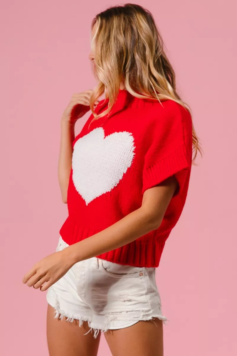 Red BiBi Rib Banded Heart Pattern Valentines Sweater with white heart knit design