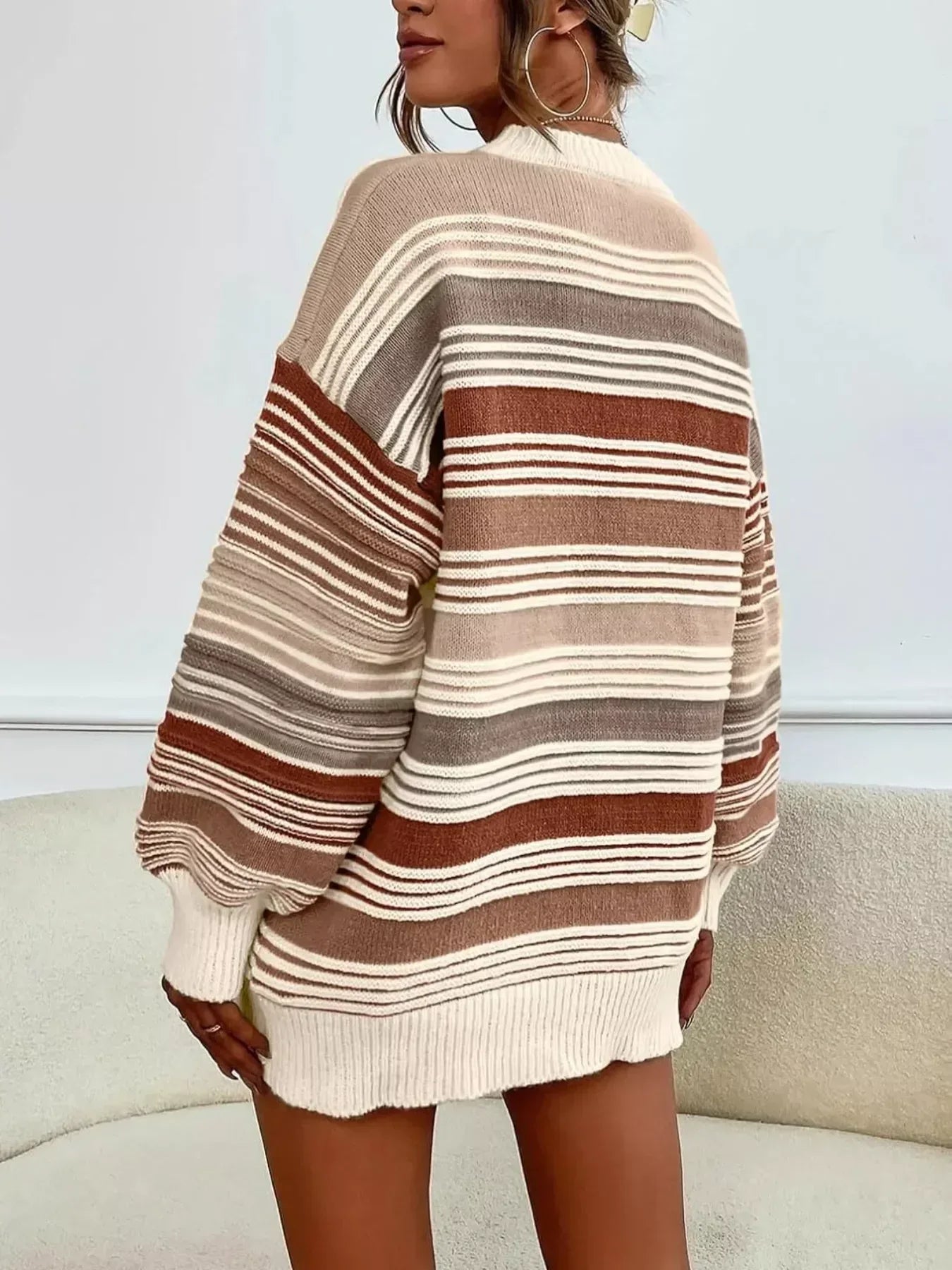 Rainbow Striped Drop Shoulder Oversized Sweater - DAVERRI FASHIONS