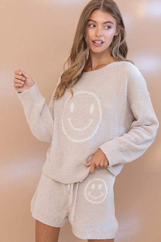 Soft Smiley Print Top Shorts Loungewear Set Outfit Sets