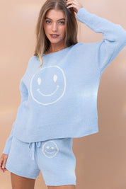 Soft Smiley Print Top Shorts Loungewear Set Outfit Sets