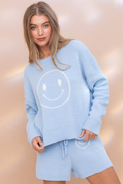 Soft Smiley Print Top Shorts Loungewear Set Outfit Sets