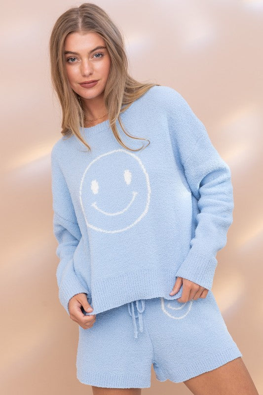 Soft Smiley Print Top Shorts Loungewear Set Outfit Sets