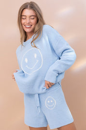 Soft Smiley Print Top Shorts Loungewear Set Outfit Sets