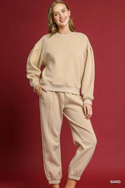 Umgee Fleece Jogger Pants with Drawstring Sand | Sweatpants Daverri Fashions