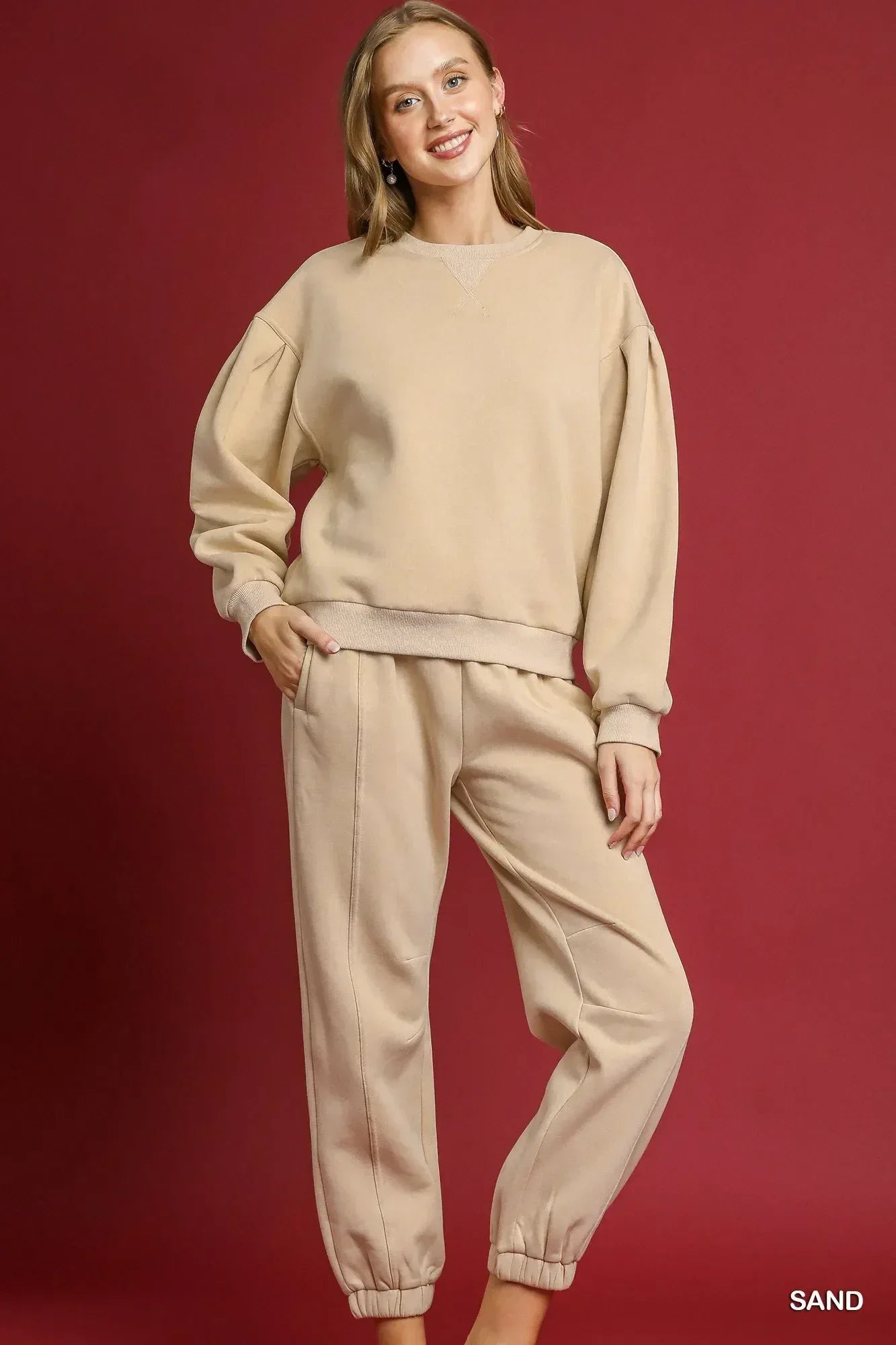 Umgee Fleece Jogger Pants with Drawstring Sand - DAVERRI FASHIONS