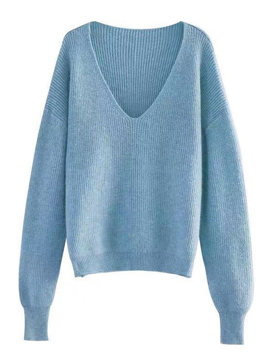 Dropped Shoulder Ribbed Knit V-Neck Sweater | Sweaters Daverri Fashions