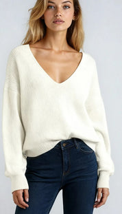 Dropped Shoulder Ribbed Knit V-Neck Sweater | Sweaters Daverri Fashions