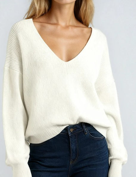 Dropped Shoulder Ribbed Knit V-Neck Sweater | Sweaters Daverri Fashions