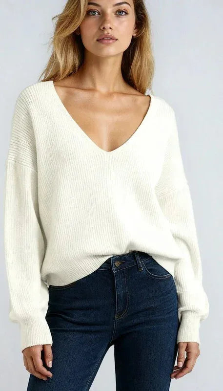 Dropped Shoulder Ribbed Knit V-Neck Sweater - DAVERRI FASHIONS