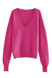 Pink Dropped Shoulder Ribbed Knit V-Neck Sweater | Sweaters Daverri Fashions