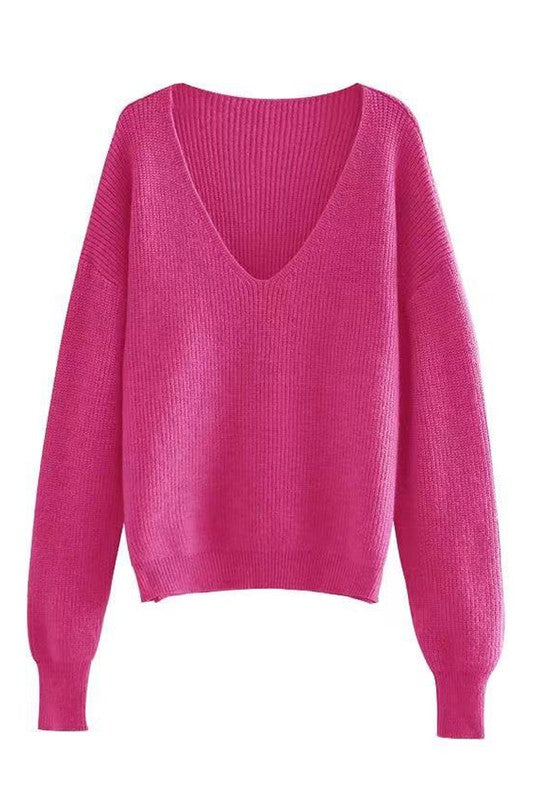 Pink Dropped Shoulder Ribbed Knit V-Neck Sweater | Sweaters Daverri Fashions