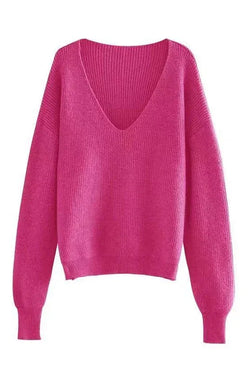 Dropped Shoulder Ribbed Knit V-Neck Sweater - DAVERRI FASHIONS
