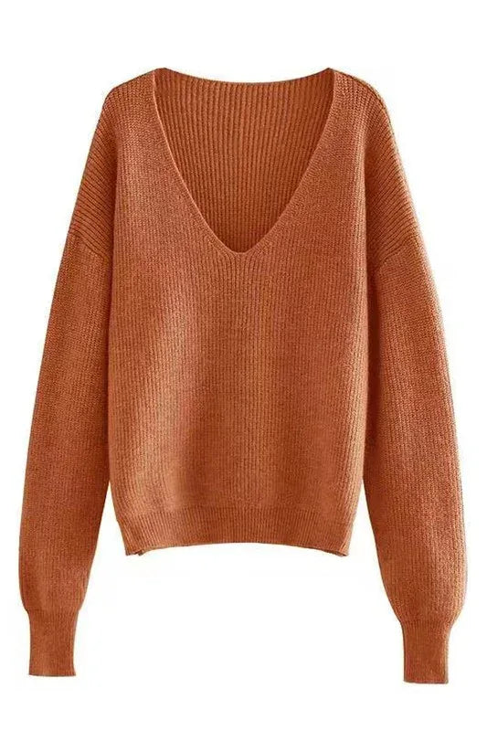 Dropped Shoulder Ribbed Knit V-Neck Sweater - DAVERRI FASHIONS