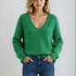 Dropped Shoulder Ribbed Knit V-Neck Sweater - DAVERRI FASHIONS