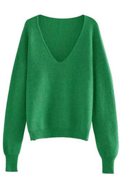 Green Dropped Shoulder Ribbed Knit V-Neck Sweater | Sweaters Daverri Fashions