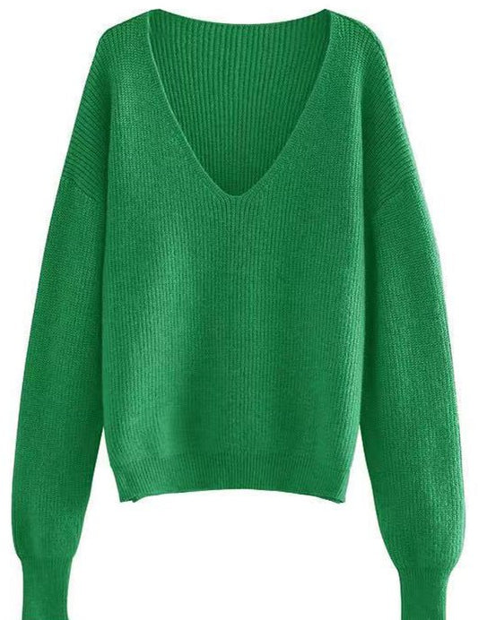 Green Dropped Shoulder Ribbed Knit V-Neck Sweater | Sweaters Daverri Fashions