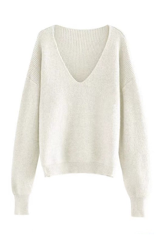 Dropped Shoulder Ribbed Knit V-Neck Sweater | Sweaters Daverri Fashions