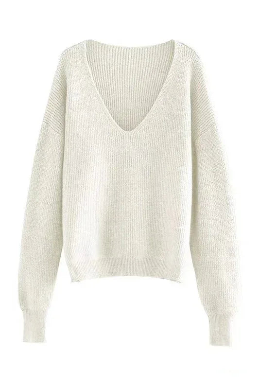 Dropped Shoulder Ribbed Knit V-Neck Sweater - DAVERRI FASHIONS