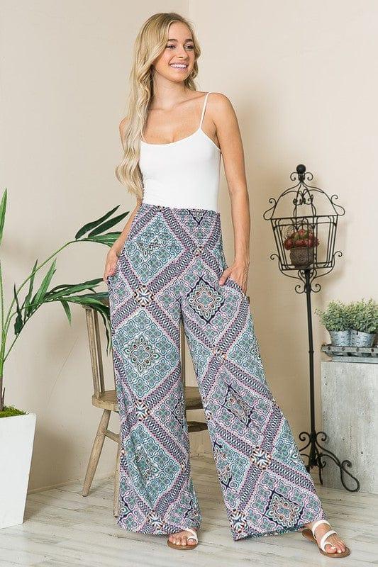 Smocked Wide Leg Pants Blue Combo Pants