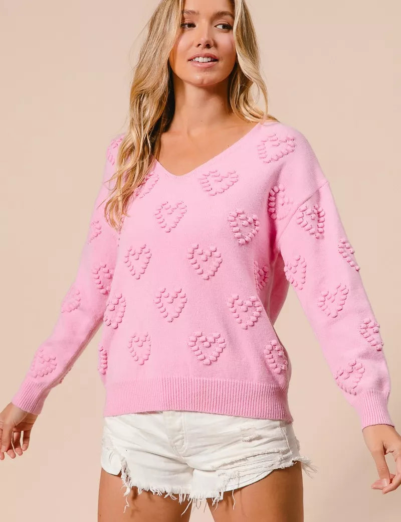 PINK BiBi Valentines Heart Pompom V Neck Knit Top | Knit Tops Daverri Fashions