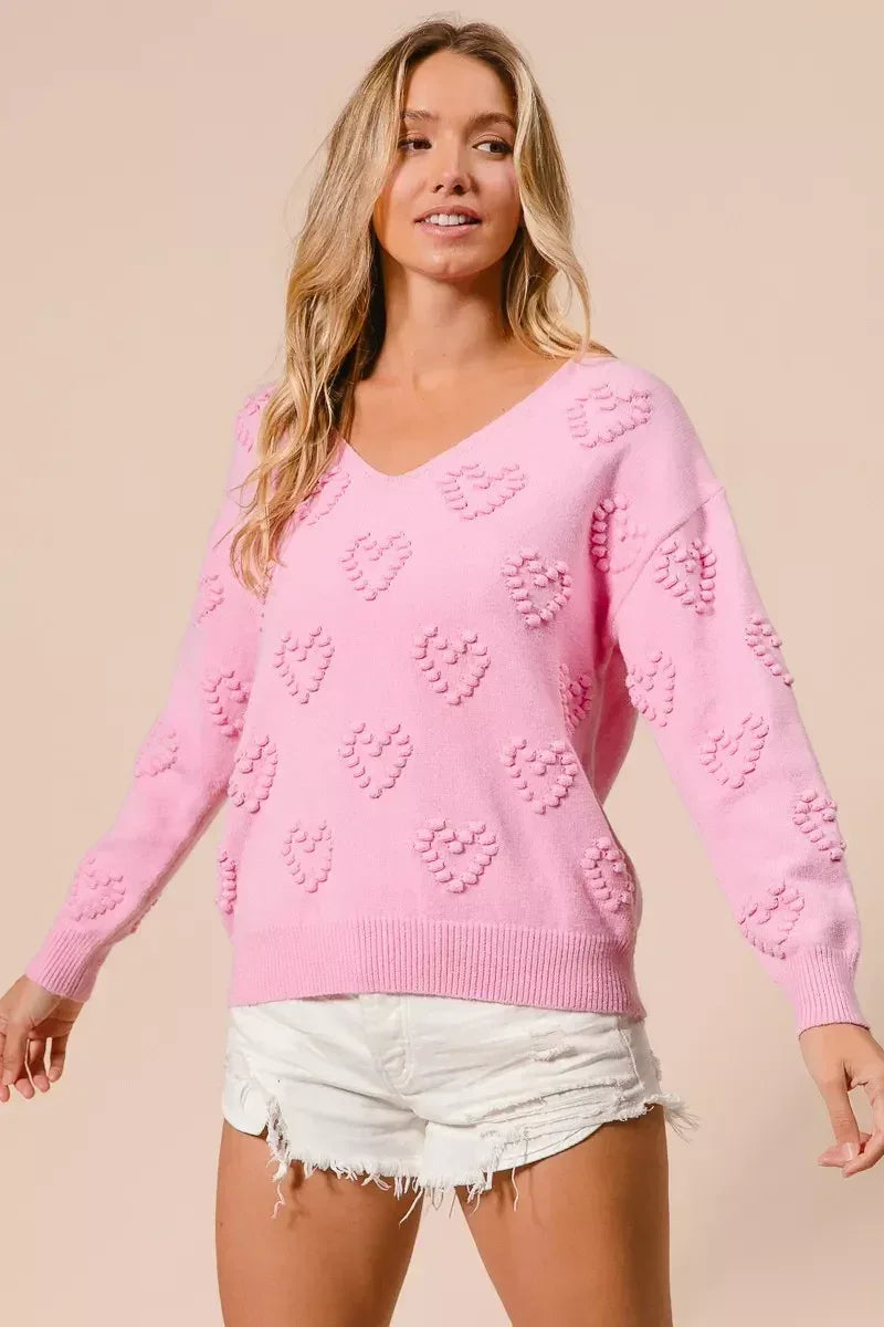 BiBi Valentines Heart Pompom V Neck Knit Top - DAVERRI FASHIONS