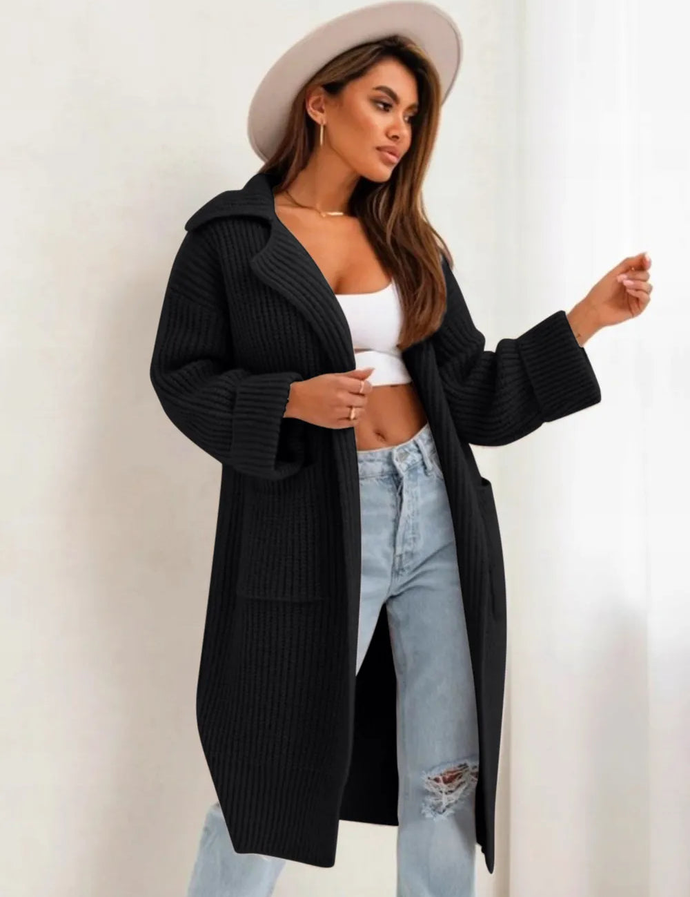 Pocketed Collared Neck Dropped Shoulder Cardigan | Cardigans Daverri Fashions