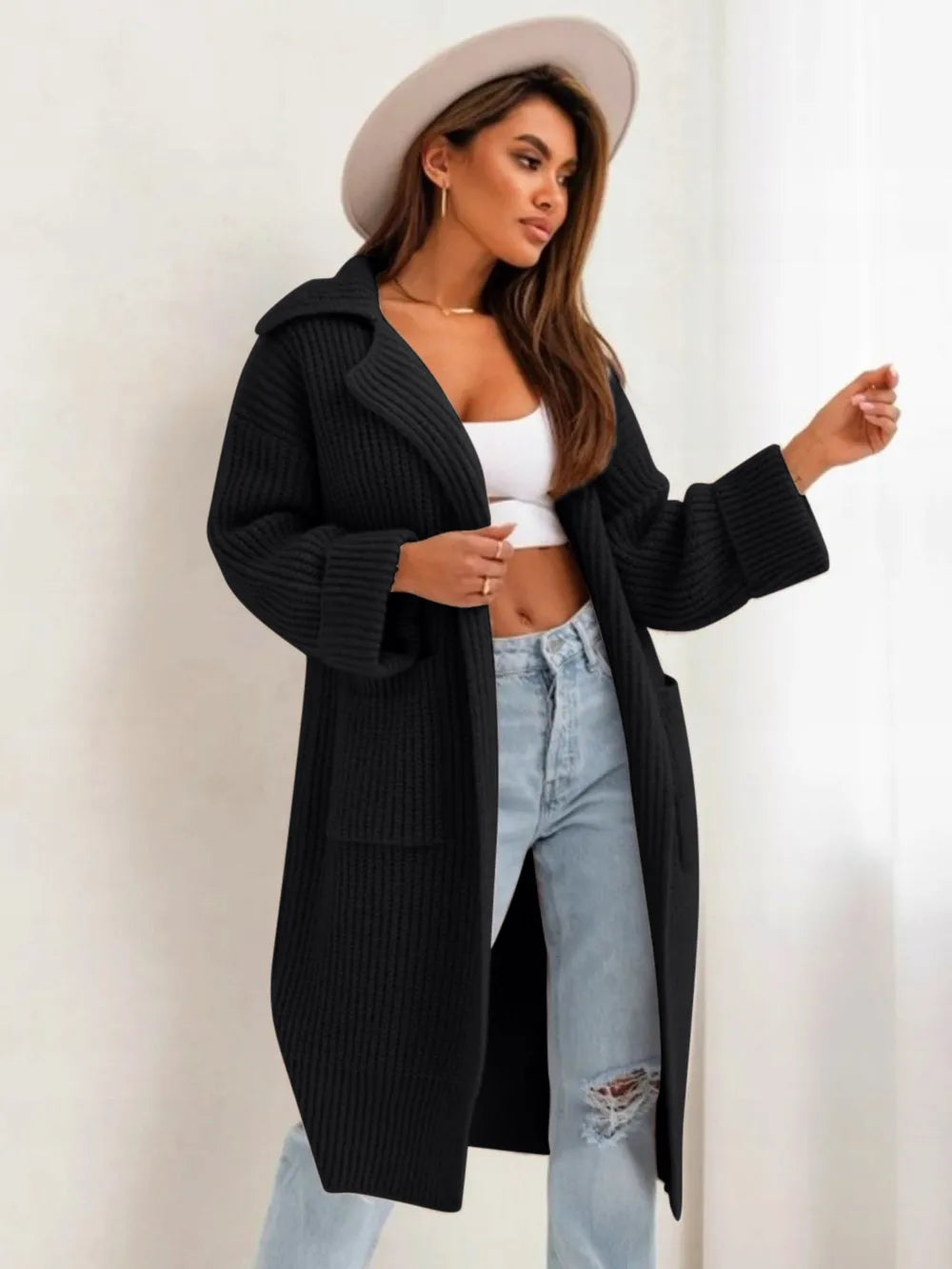 Pocketed Collared Neck Dropped Shoulder Cardigan | Cardigans Daverri Fashions