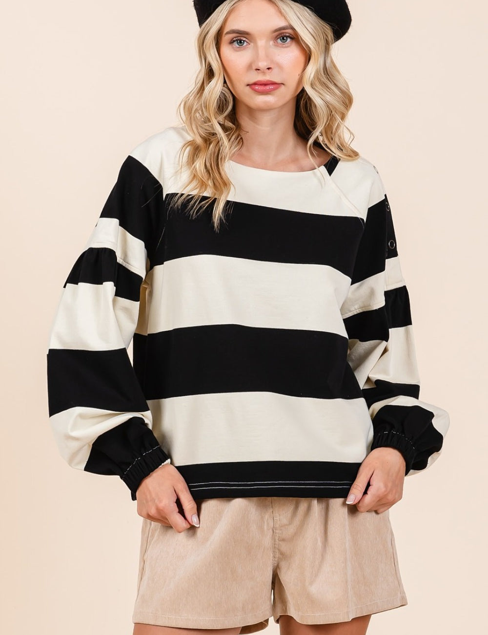 Mittoshop Striped Snap Shoulder Long Sleeve T-Shirt Black Ivory L