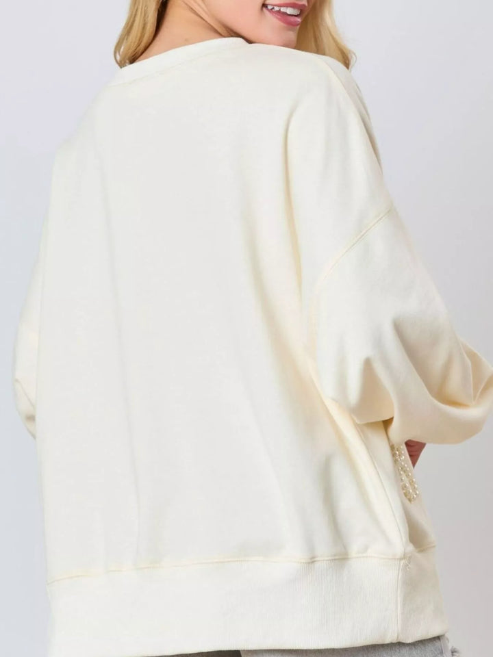 Pearl Embellished Bow Long Sleeve Sweatshirt | Sweatshirts Daverri Fashions