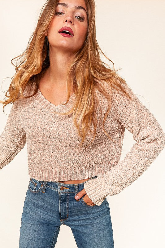 Latte Chenille Velvet cropped knit top sweater in beige textured knit with V-neck and ribbed cuffs