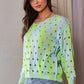 Vibrant neon green and light blue gradient Davi & Dani openwork knit top with circular cutouts