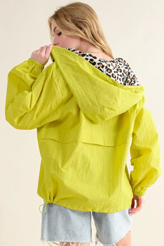 Leopard Print Hoodie Zipper Up Pocket Windbreaker Outerwear