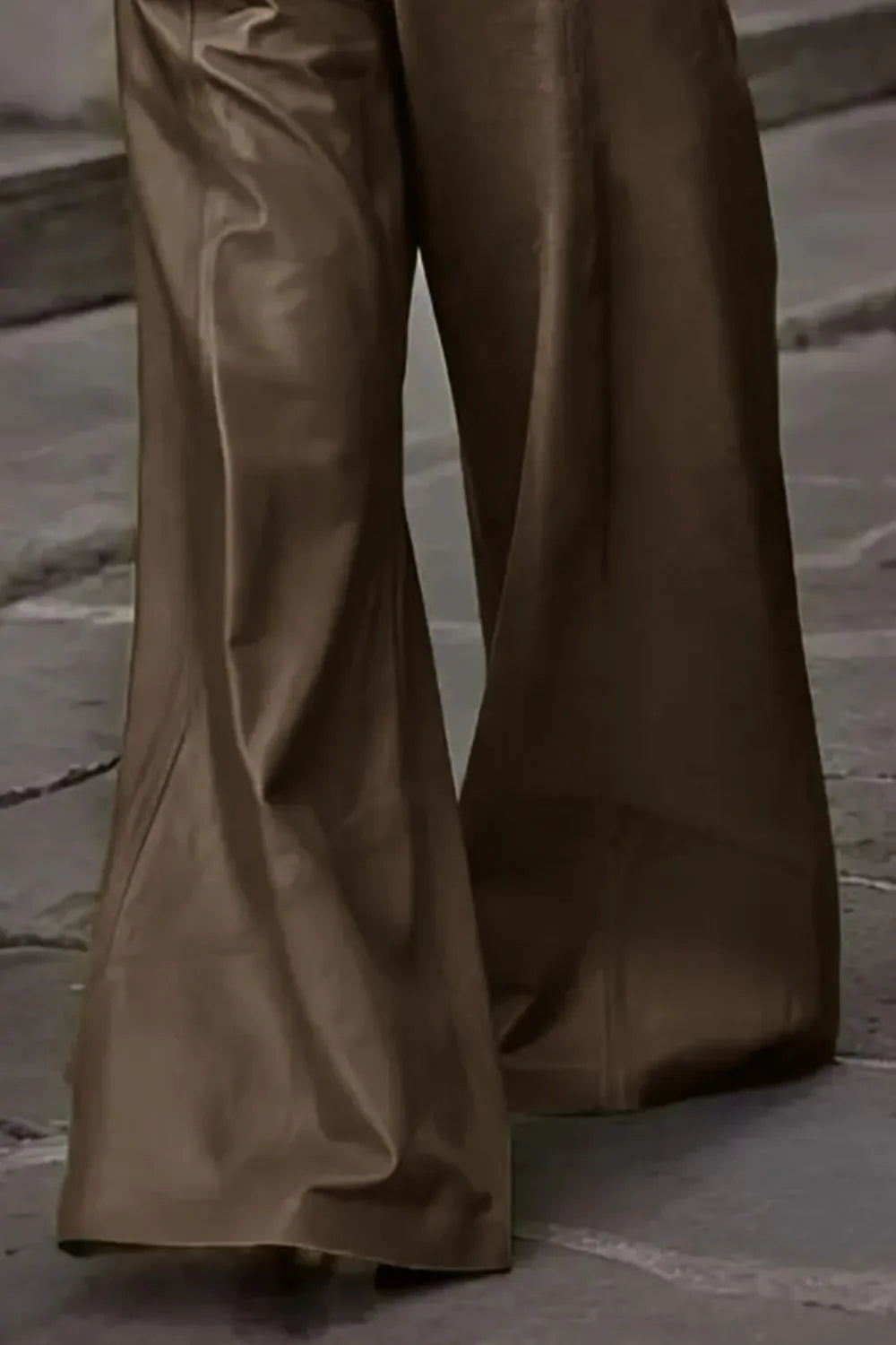 Brown satin flared trousers from Daverri Fashions high waist wide flare pants