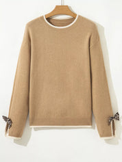 Leopard Bow Decor Split Cuff Contrast Trim Sweater | Sweaters Daverri Fashions