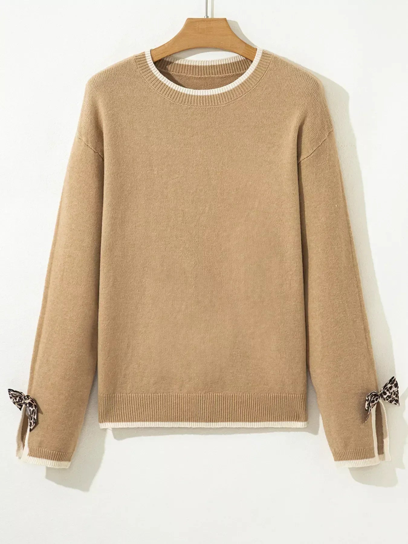 Leopard Bow Decor Split Cuff Contrast Trim Sweater - DAVERRI FASHIONS