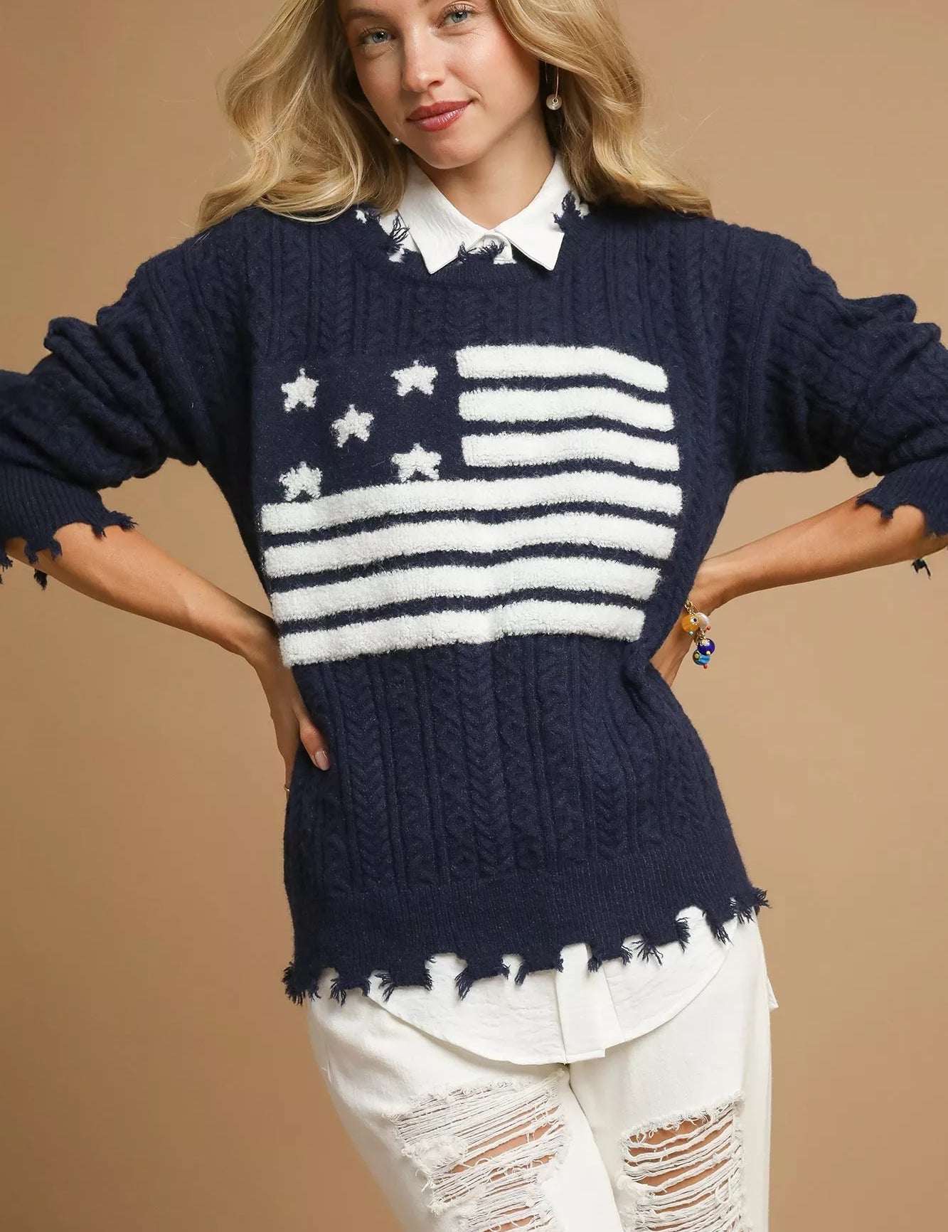 Umgee Distressed American Flag Sweater Navy | Daverri Fashions