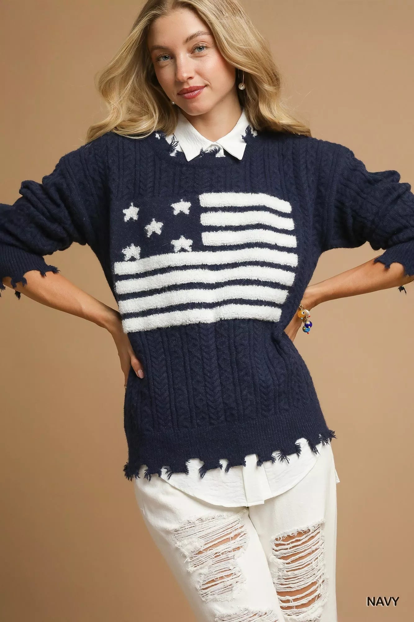Umgee Distressed American Flag Sweater Navy | Daverri Fashions