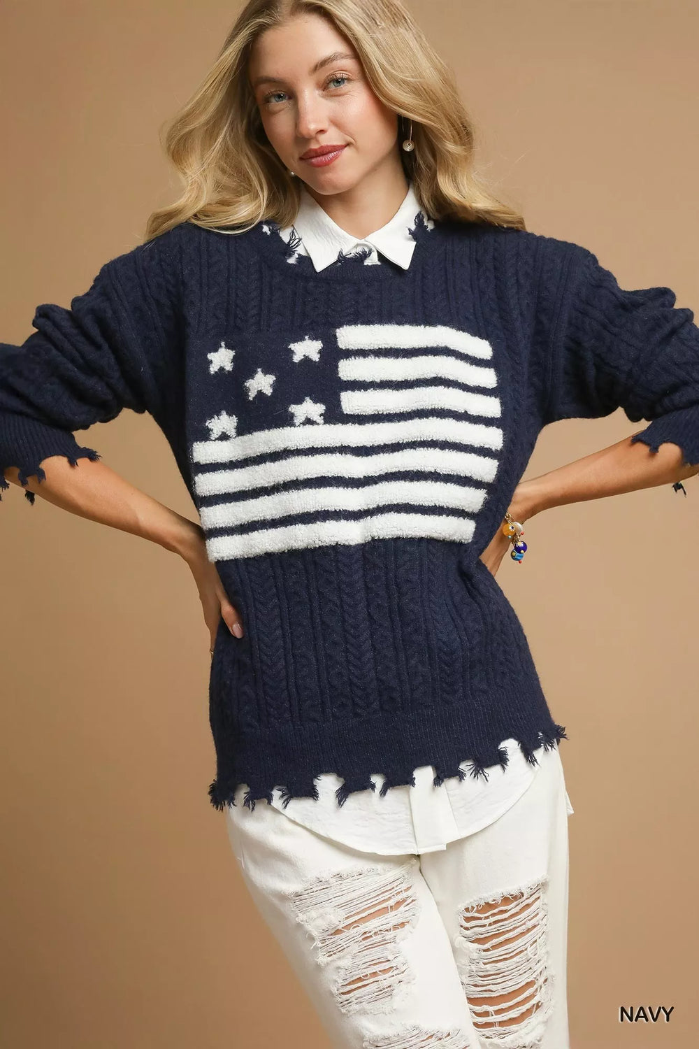 Umgee Distressed American Flag Sweater | Daverri Fashions