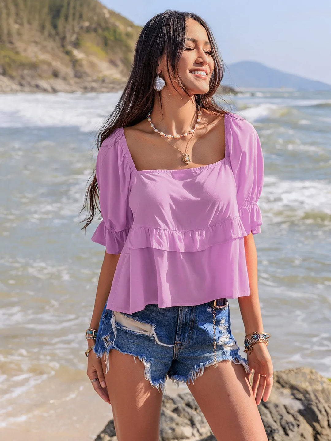 Heliotrope Purple Ruffled Square Neck Half Sleeve Blouse | Blouses Daverri Fashions
