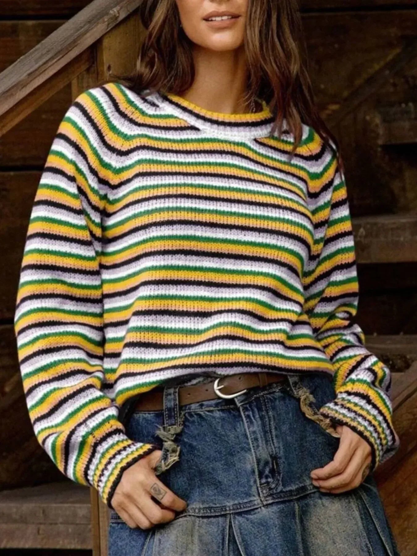 Rainbow Striped Pullover Sweater - DAVERRI FASHIONS