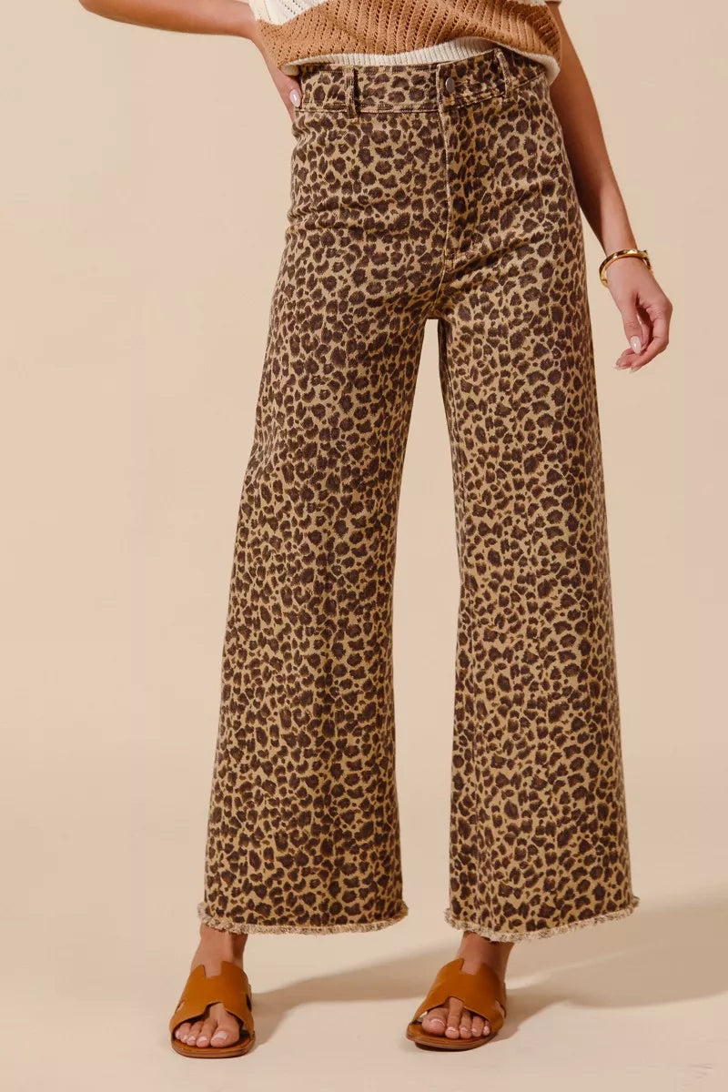 SO ME Mid Rise Leopard Twill Frayed Hem Wide Leg Pants | Daverri Fashions