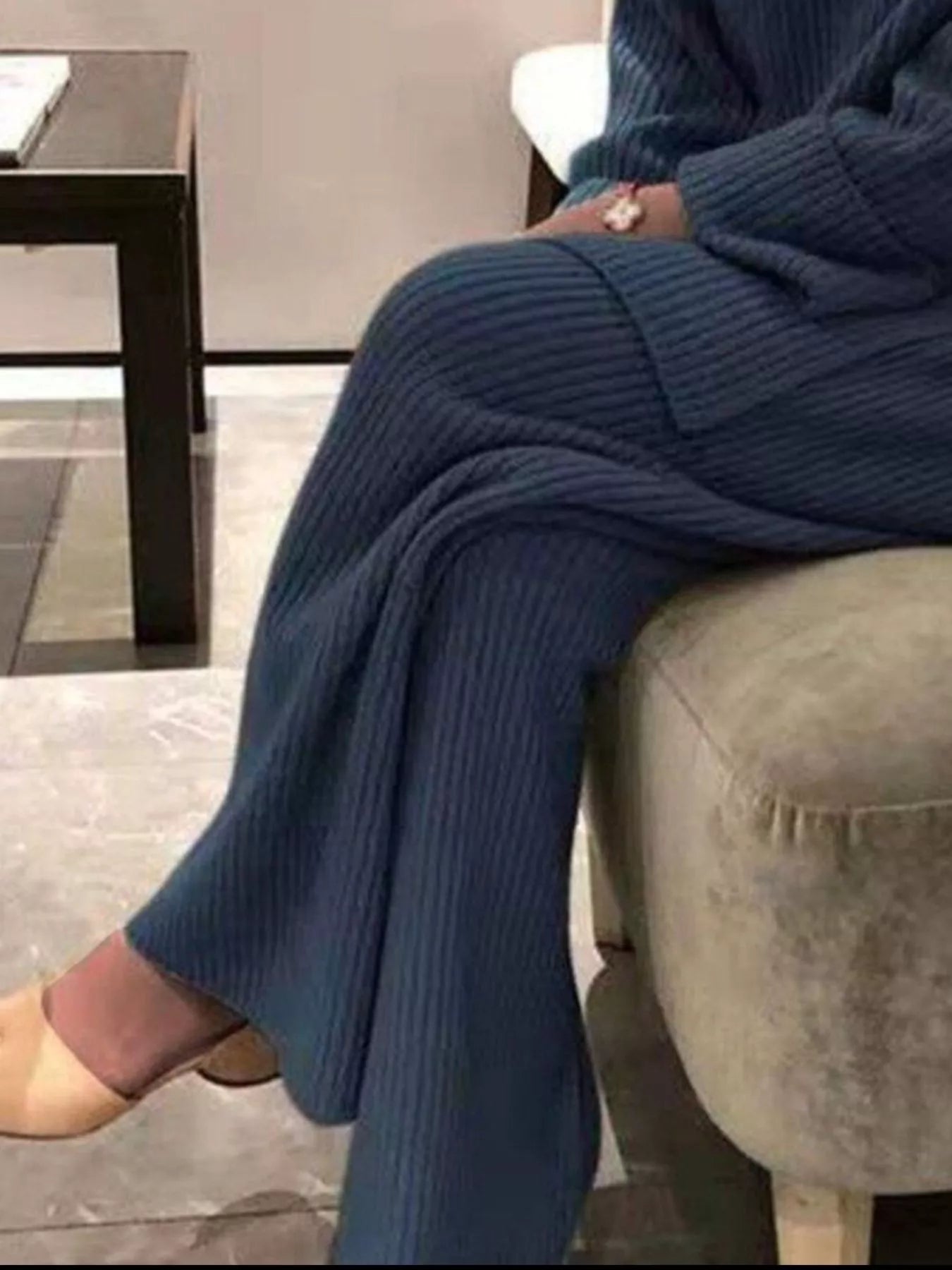 Navy blue ribbed knit relaxed fit plus size pantsuit set