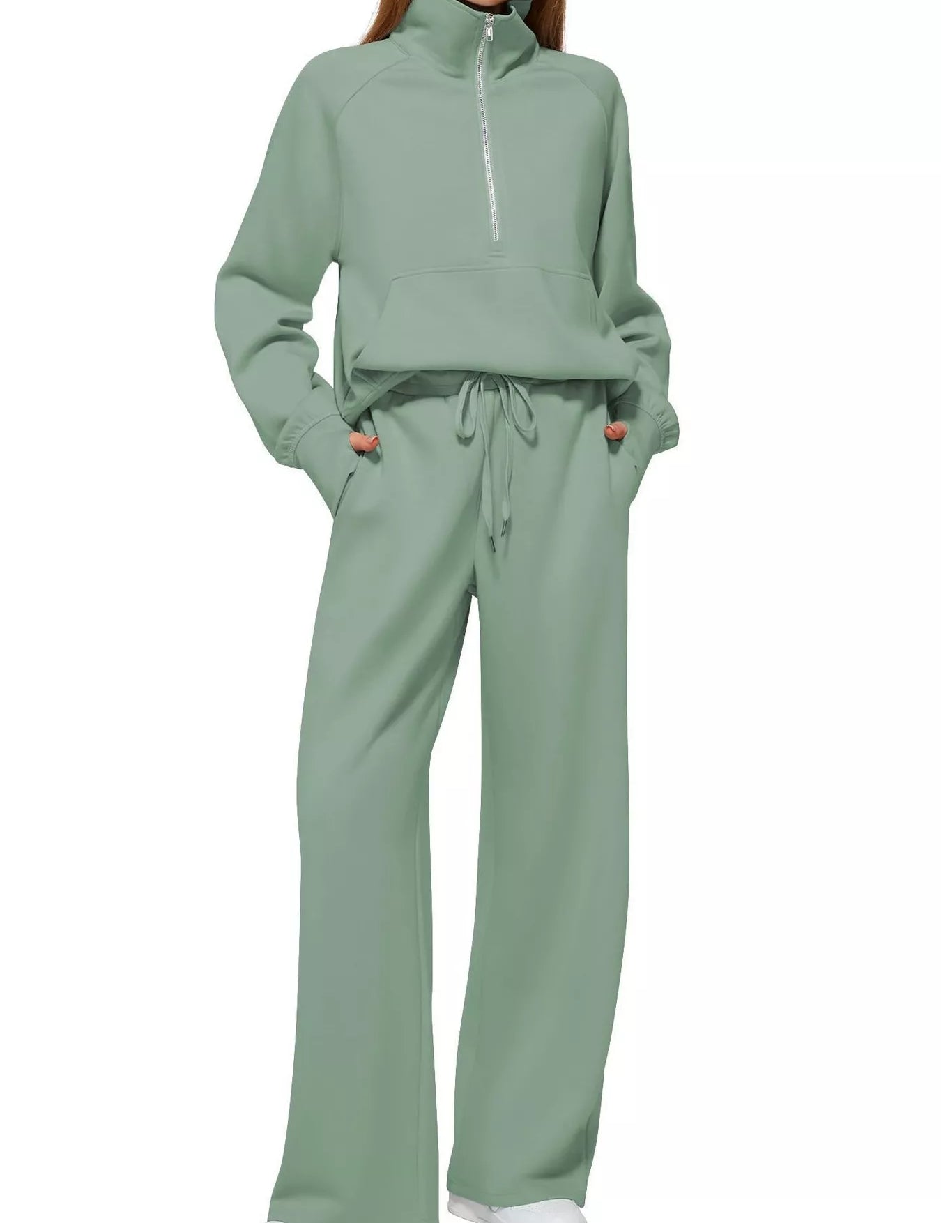 Light Green Full Size Half-Zip Sweatshirt and Wide-Leg Pants Set Plus Size | Outfit Sets Daverri Fashions