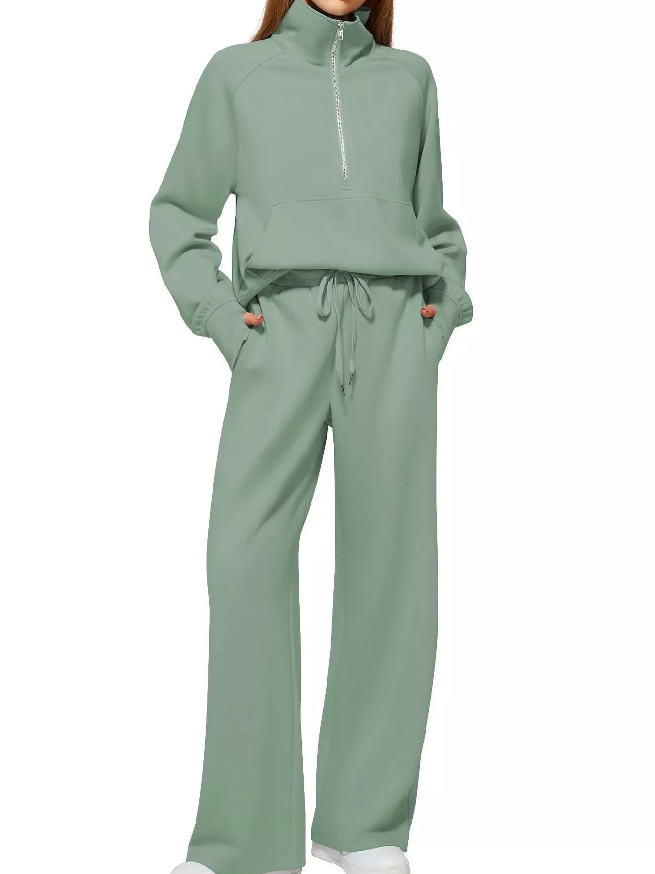 Light Green Full Size Half-Zip Sweatshirt and Wide-Leg Pants Set Plus Size | Outfit Sets Daverri Fashions