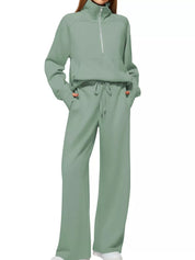 Light Green Full Size Half-Zip Sweatshirt and Wide-Leg Pants Set Plus Size | Outfit Sets Daverri Fashions