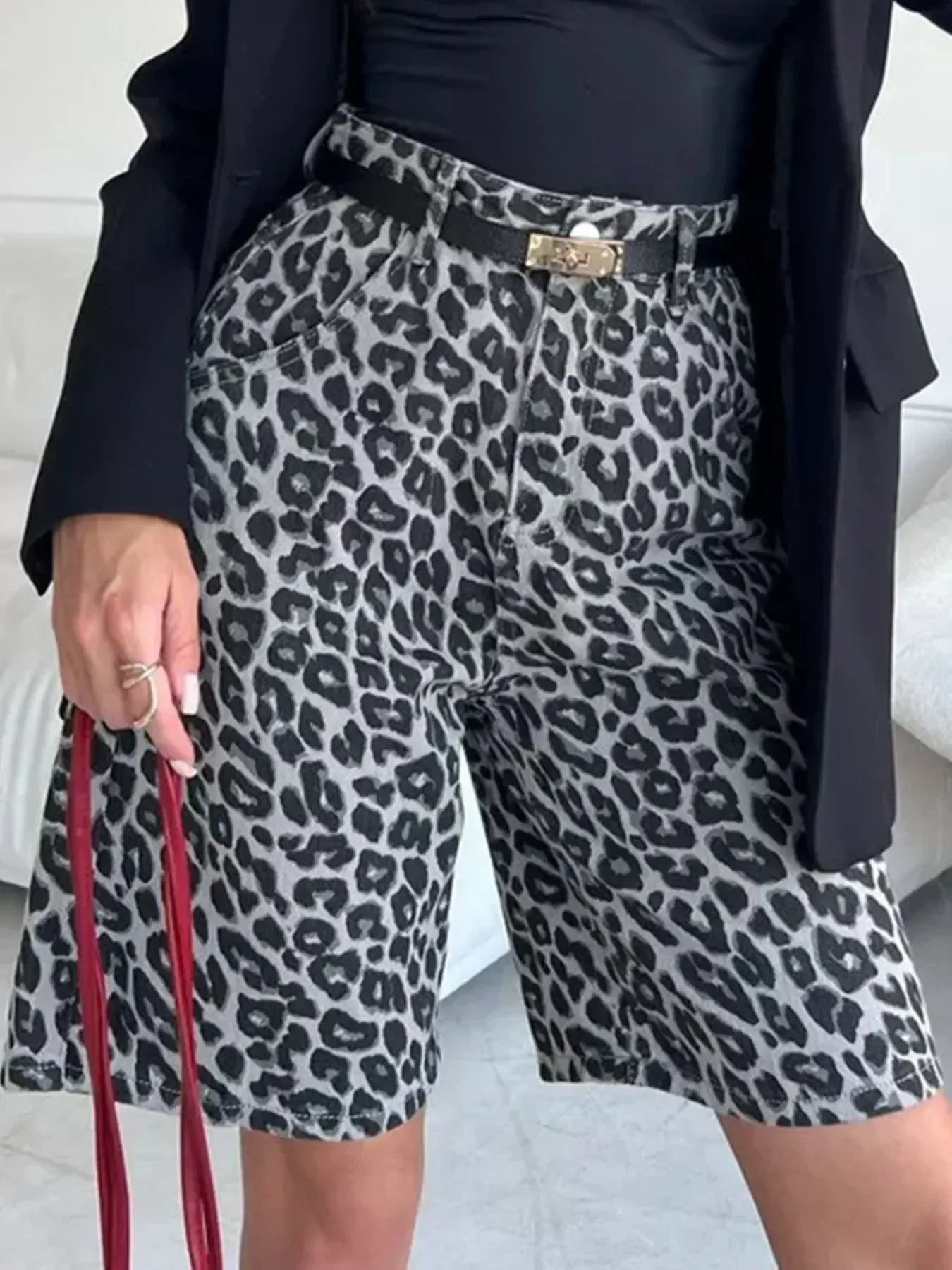Leopard Print High-Waisted Denim Shorts - DAVERRI FASHIONS