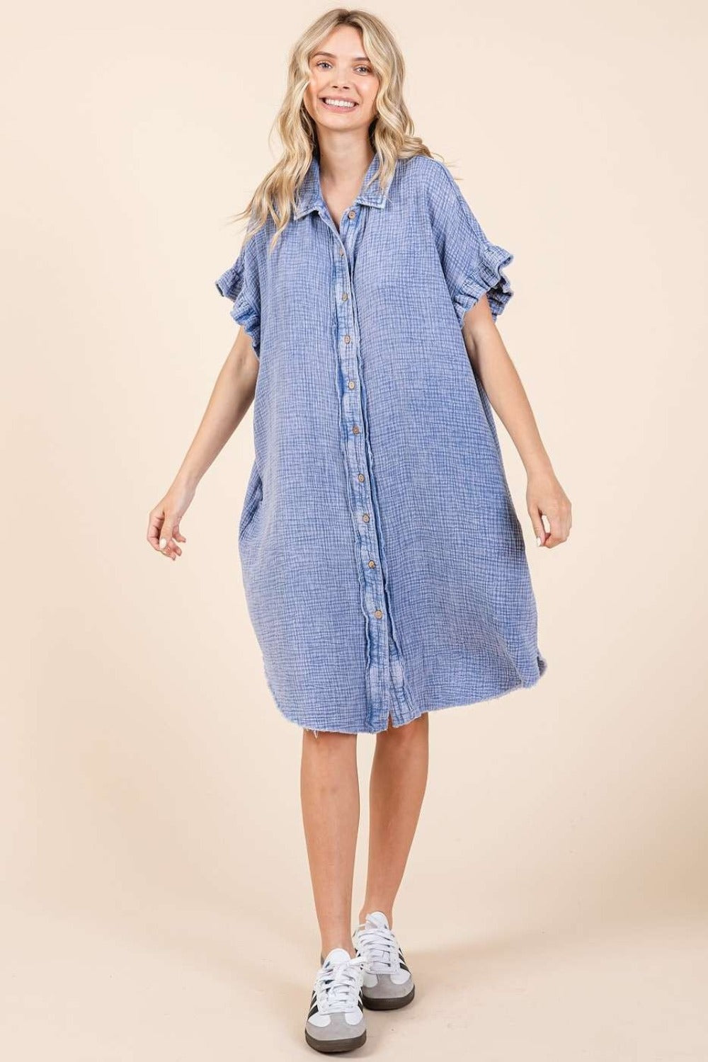 Mittoshop Mineral Wash Cotton Gauze Mini Shirt Dress Midi Dresses