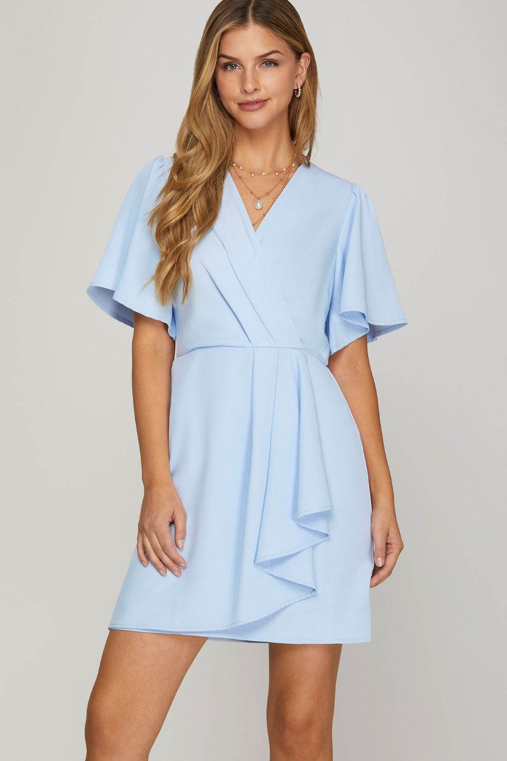 She + Sky Ruffled Surplice Short Flutter Sleeve Mini Dress Light Blue Mini Dresses