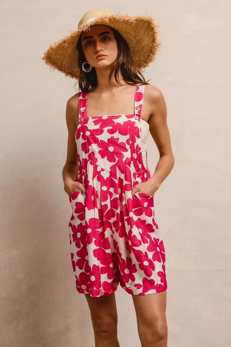 BiBi Floral Prints Tuck Detail Short Overall With Pockets Overalls