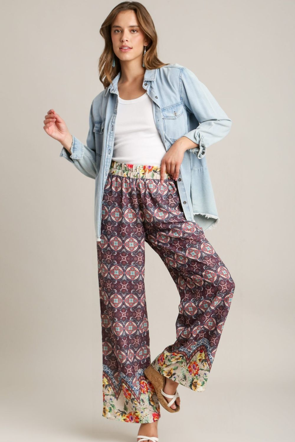 Umgee Full Size Mixed Print Elastic Waistband Pants Plus Size